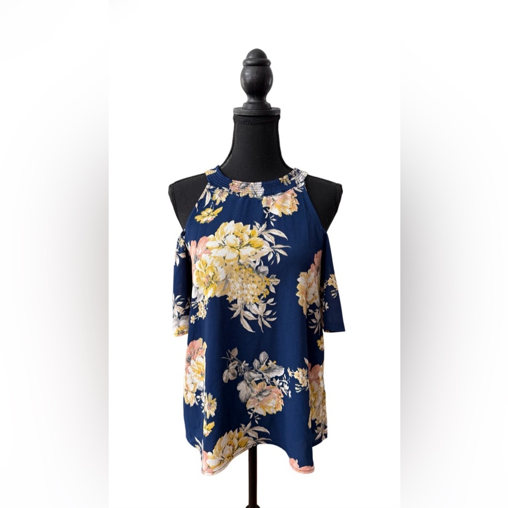 Lily Black Navy Blue and Yellow Floral Cold Shoulder Blouse